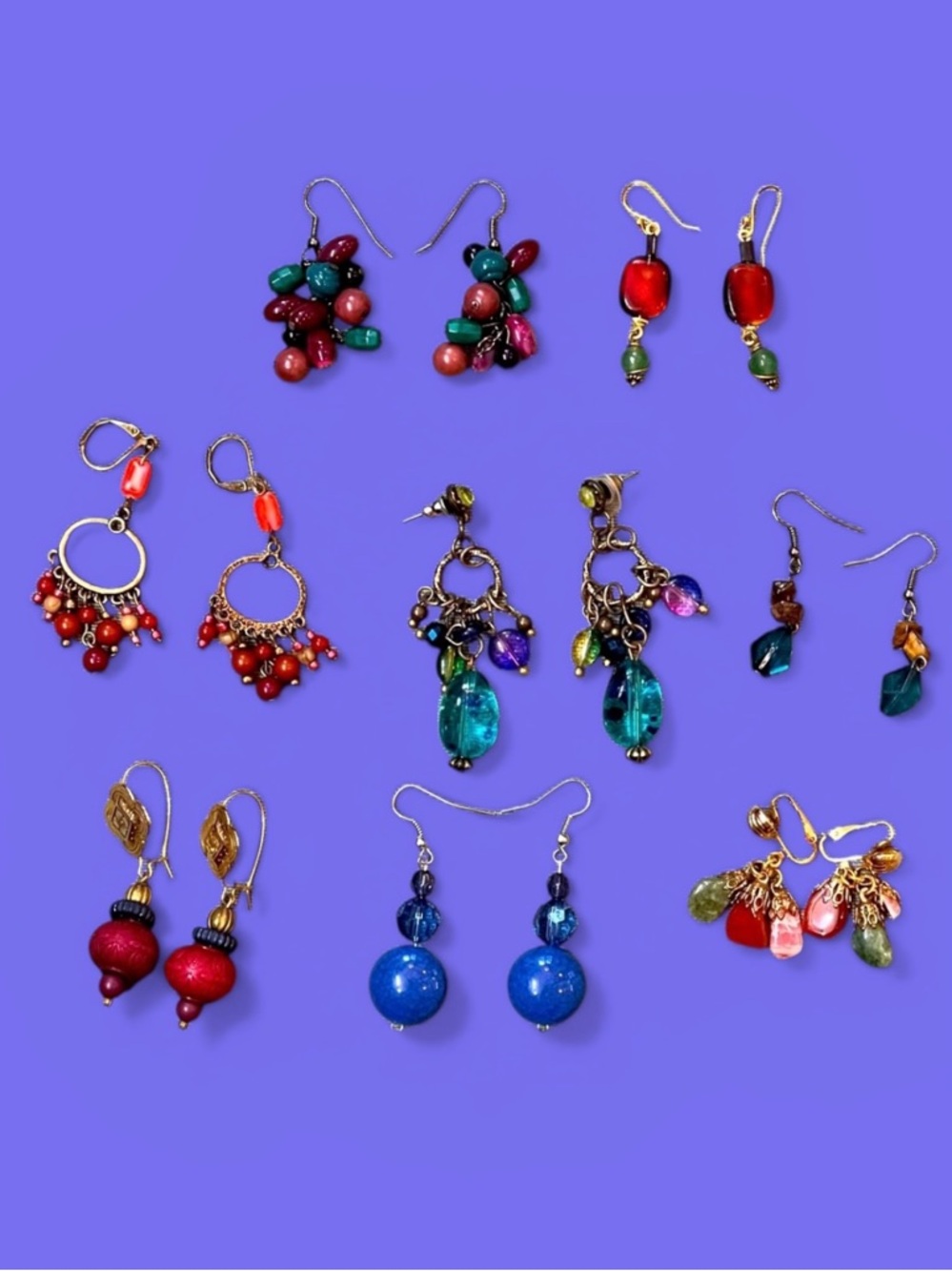 Earrings Bundle 7 pair Pierced, 1 Pair Clip Beads‎ Stone Wood Like New BOHO